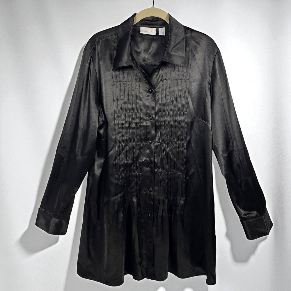 Chico's Pleated Front Blouse‎ Button Down Long Sleeve Shirt Women 3 (XL) Black